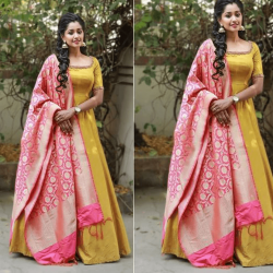 Yellow Color Anarkali Gown With Banarasi Dupatta | Haldi outfit | |South Indian Fashion Gown |